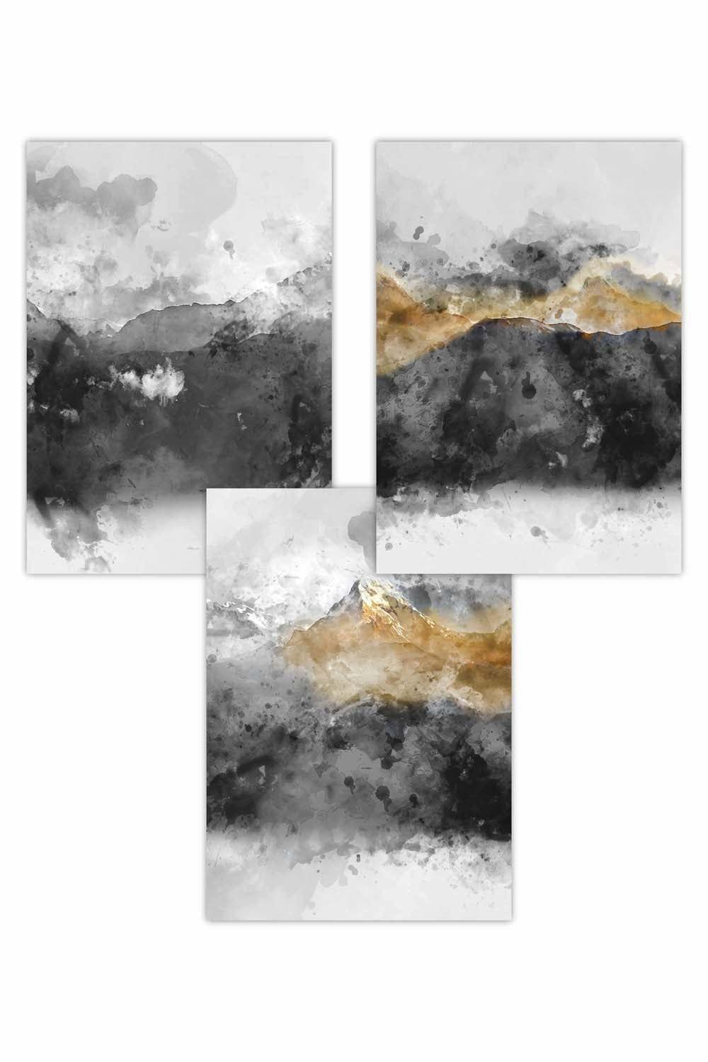 Set of 3 Abstract Grey and Yellow Mountains Art Posters